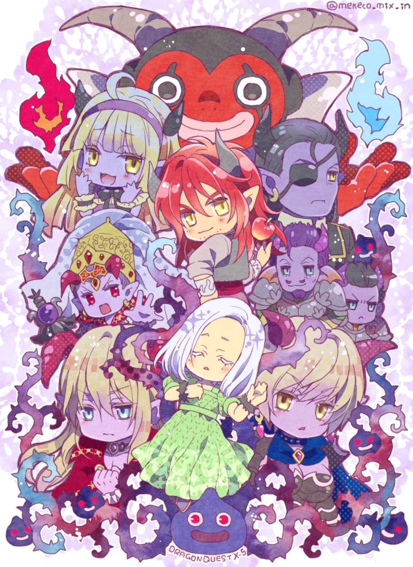 4girls 6+boys ahoge azbar_(dragon_quest) beltro_(dq10) black_eyes black_hair black_horns black_sclera blue_cape blue_choker blue_eyes blunt_bangs breasts cape character_request check_character chibi choker cleavage clenched_hand closed_eyes colored_eyelashes colored_sclera colored_skin commentary_request copyright_name demon_boy demon_girl demon_oracle_(dq10) dragon_quest dragon_quest_x dress earrings elgadora eyepatch facial_hair frilled_wrist_cuffs frills goatee green_dress highres horns illusia_(dq10) jair_(dq10) jewelry large_breasts long_hair looking_at_viewer looking_back medium_hair mekeko mother_and_son multiple_boys multiple_girls najinn_(dragon_quest) parent_and_child pointy_ears purple_hair purple_skin red_cape red_eyes red_hair red_horns red_skin rinverry short_hair slime_(dragon_quest) studded_choker valeria_(dragon_quest) white_hair wrist_cuffs yellow_eyes yushuka_(dragon_quest)