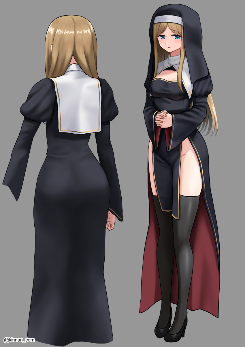 1girl absurdres black_dress black_footwear black_thighhighs blonde_hair blue_eyes breasts cleavage cleavage_cutout clothing_cutout dress habit high_heels highres kinnan large_breasts long_hair long_sleeves medium_breasts multiple_views no_panties nun original parted_bangs pelvic_curtain sidelocks thighhighs very_long_hair