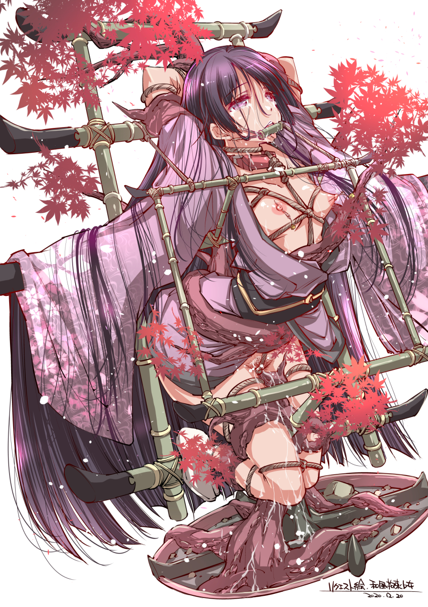 1girl absurdly_long_hair arms_behind_head autumn_leaves bamboo bdsm black_hair bondage bound bound_arms bound_legs breasts collar commentary_request commission crotch_rope crying crying_with_eyes_open dated female_focus female_pubic_hair gag gagged highres japanese_clothes kimono leaf long_hair naked_kimono nipple_piercing nipples obi obijime open_clothes open_kimono original piercing pubic_hair purple_eyes purple_kimono pussy_juice restrained rope sash shibari shibari_under_clothes simple_background skeb_commission slave socks solo tabi tears tongue tongue_out tree very_long_hair white_background white_socks yazawa_mana