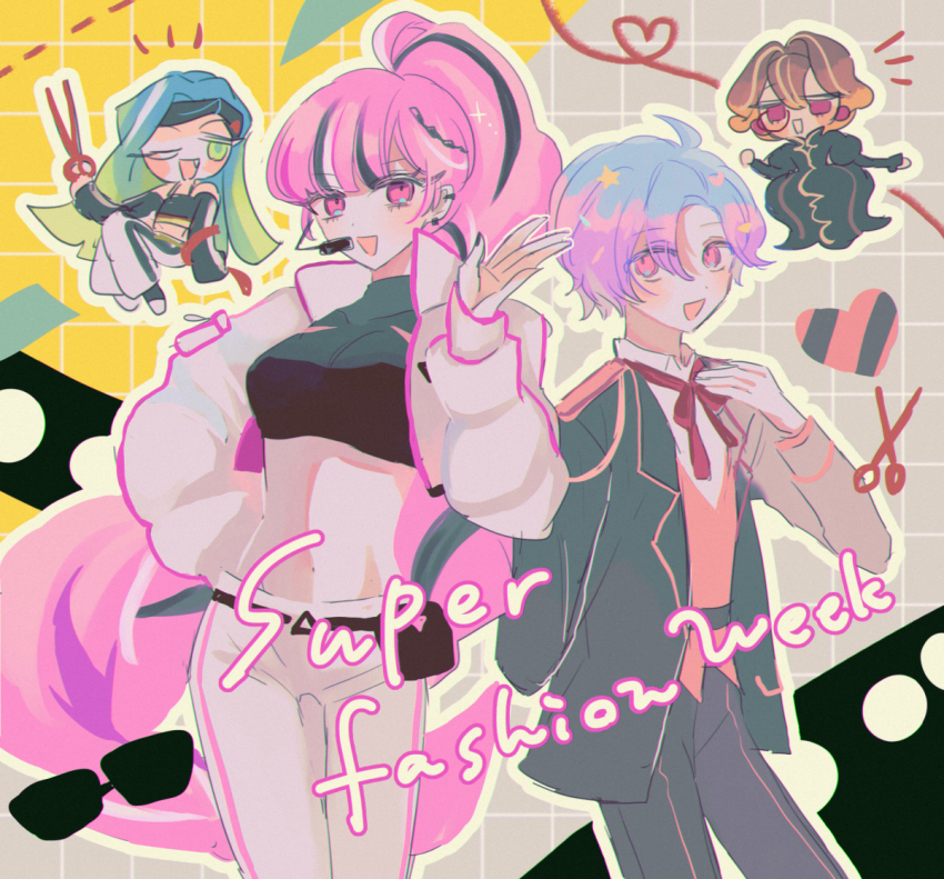 1boy 3girls aqua_eyes blue_hair braid braided_ponytail chibi chocolate_bonbon_cookie cookie_run cookie_run:_ovenbreak crop_top english_text happy high_ponytail humanization long_hair looking_at_viewer mamimumemo multicolored_hair multiple_girls open_mouth personification pink_eyes pink_hair ponytail popping_candy_cookie popping_candy_cookie_(red_carpet_attire) purple_hair scissors shining_glitter_cookie shining_glitter_cookie_(superstar_airport_attire) short_hair smile sour_belt_cookie two-tone_hair