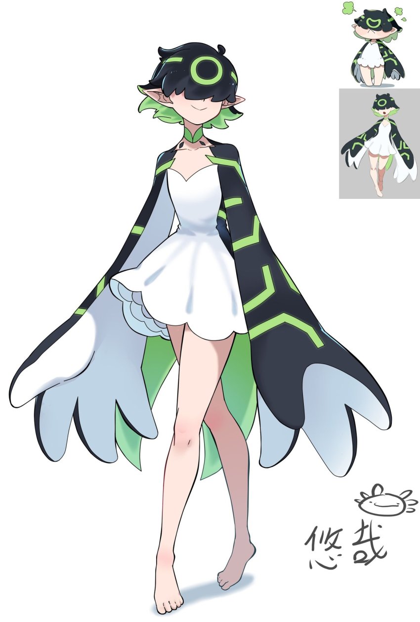 1girl animification barefoot ben_10 black_hair borrowed_design chibi chibi_inset chinese_commentary collarbone colored_tips covered_eyes dress flat_chest genderswap genderswap_(mtf) green_hair hair_over_eyes highres humanization large_hands multicolored_hair pointy_ears pout shadow short_hair smile solo_focus upgrade_(ben_10) walking white_background white_dress youzaiyouzai112