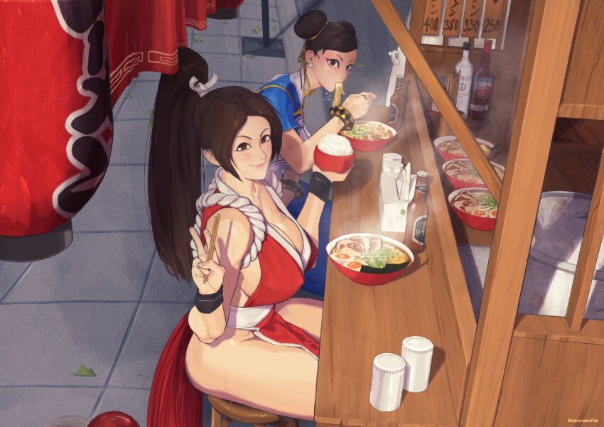 2girls bottle bowl bracelet breasts brown_eyes brown_hair capcom chinese_clothes chopsticks chun-li cleavage counter double_bun eating fatal_fury food from_above hair_bun high_ponytail holding holding_bowl holding_chopsticks jewelry large_breasts long_hair looking_at_viewer motoyui multiple_girls ninja noodles outdoors parted_bangs pelvic_curtain ponytail ramen revealing_clothes rice sanchezisfine shiranui_mai sideboob sitting smile stool street_fighter street_fighter_6 the_king_of_fighters tile_floor tiles v wrist_guards