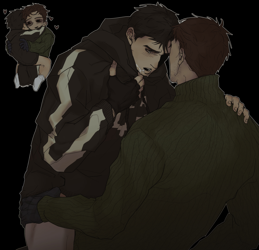 2boys afraid_of_monsters black_eyes black_hair black_hoodie bloodshot_eyes brown_hair chibi chibi_inset clothes_grab cosplay costume_switch cry_of_fear crying crying_with_eyes_open david_leatherhoff drooling hand_on_another&#039;s_leg hand_on_another&#039;s_shoulder hand_on_own_chest heart highres holding_another&#039;s_waist hood hood_down hoodie implied_kiss ju-san looking_at_another male_focus messy_hair multiple_boys no_pants open_mouth print_hoodie saliva scar scar_on_face short_hair simon_henriksson sitting sitting_on_lap sitting_on_person socks tears turtleneck white_socks