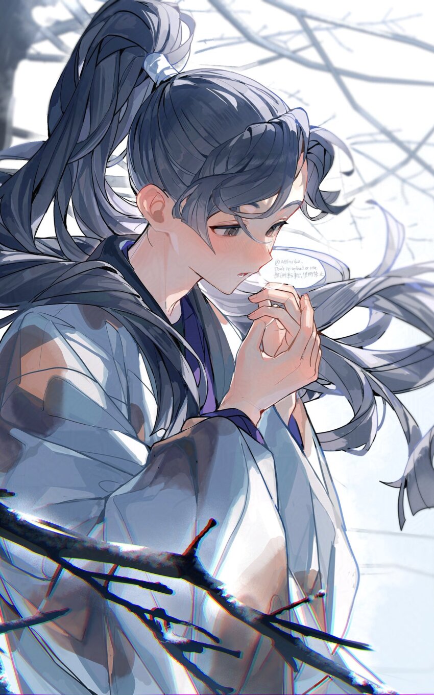 1boy abhuiko ayabe_kihachirou black_hair branch brown_eyes grey_kimono highres japanese_clothes kimono long_hair looking_down male_focus open_mouth ponytail rakudai_ninja_rantarou solo teeth upper_body very_long_hair wide_sleeves
