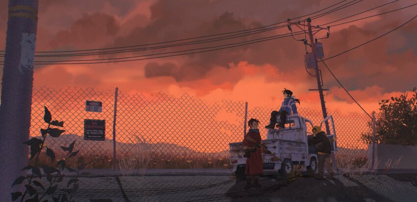 3boys black_hair boots bush chain-link_fence cloud cloudy_sky coat evening fence foliage fruiitlins gun highres holding holding_gun holding_weapon hood hoodie jacket motor_vehicle mountainous_horizon multiple_boys original outdoors pants plant power_lines rust scenery short_hair sign sky standing sunset tree twilight utility_pole weapon