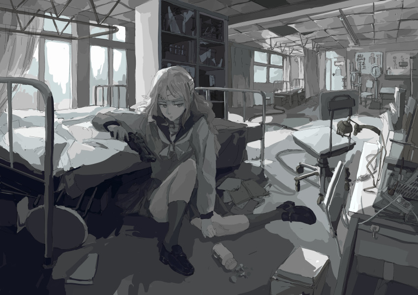 1girl absurdres bed bin_jiang chair commentary gun highres holding holding_gun holding_weapon juusan_kihei_bouei_ken long_hair school_uniform serafuku shelf shinonome_ryouko_(juusan_kihei_bouei_ken) solo weapon