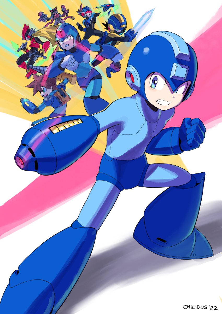 6+boys absurdres android arm_cannon armor artist_name blonde_hair blue_armor blue_eyes blue_helmet chilidog_(lumchan777) clenched_hand clenched_hands clenched_teeth commentary_request drill full_body geo_stelar_(mega_man) glowing glowing_sword glowing_weapon green_eyes grey_(mega_man) helmet highres long_hair male_focus mega_man_(character) mega_man_(classic) mega_man_(series) mega_man_battle_network_(series) mega_man_legends_(series) mega_man_star_force_(series) mega_man_volnutt mega_man_x_(series) mega_man_zero_(series) mega_man_zx mega_man_zx_advent model_a_(mega_man) multiple_boys open_clothes red_footwear red_helmet robot shadow solo_focus spiked_hair spread_legs star_force_mega_man teeth weapon x_(mega_man) zero(z)_(mega_man) zero_(mega_man)