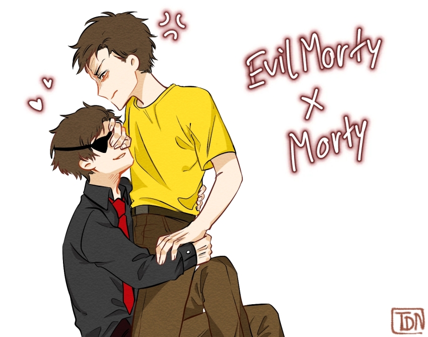 2boys brown_hair dichnhi1 evil_morty eyepatch formal_clothes male_focus morty_smith multiple_boys necktie one_eye_covered rick_and_morty selfcest shirt short_hair simple_background smile white_background yaoi yellow_shirt