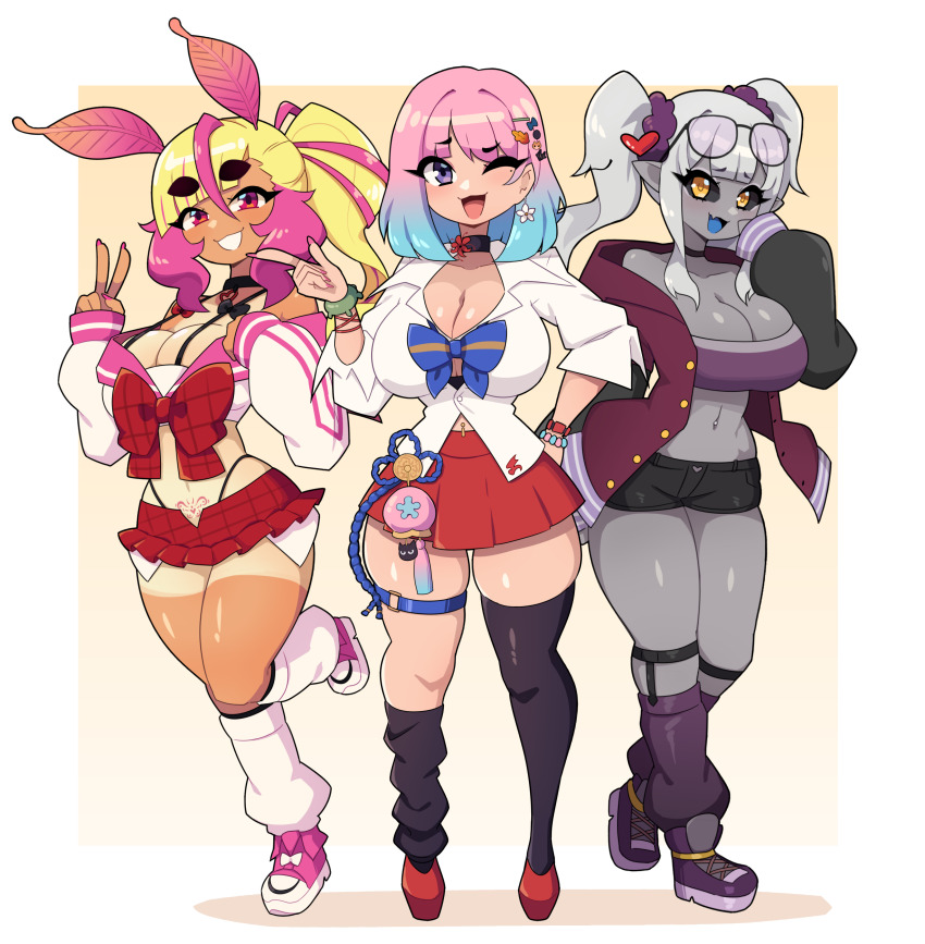 3girls :3 absurdres antennae asymmetrical_hair bead_bracelet beads black-framed_eyewear black_choker black_pantyhose black_sclera black_shorts black_sleeves blonde_hair blue_bow blue_bowtie blue_hair blue_tongue border bow bowtie bracelet breasts choker cleavage collarbone collared_shirt colored_sclera colored_skin colored_tongue commentary commission crop_top daigada earrings english_commentary eyewear_on_head fang flower flower_choker flower_earrings full_body glasses gradient_background gradient_hair grey_skin gyaru hair_ornament hair_scrunchie hairpin hand_on_own_hip heart heart_hair_ornament heart_o-ring heart_ring_choker highres ichigo_lemonade indie_virtual_youtuber jacket jewelry kumogorogoro large_breasts long_sleeves loose_socks midriff miniskirt mole mole_under_mouth multicolored_hair multiple_girls multiple_hairpins navel navel_piercing o-ring o-ring_choker one_eye_closed open_clothes open_jacket open_mouth pantyhose piercing pink_eyes pink_hair pink_nails pink_shoes pink_trim plaid_clothes plaid_skirt pleated_skirt pointy_ears ponytail pubic_tattoo purple_eyes purple_footwear purple_jacket purple_socks red_bow red_bowtie red_footwear red_skirt reiyu_guigui scrunchie shadow shirt shoes shorts sidelocks skin_fang skirt sleeves_past_fingers sleeves_past_wrists smile socks standing streaked_hair tan tattoo teeth thick_eyebrows thigh_strap twintails v virtual_youtuber watch white_background white_border white_flower white_hair white_shirt white_socks wristwatch yellow_background yellow_eyes