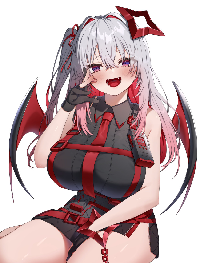 1girl absurdres alternate_breast_size alternate_color alternate_costume alternate_form amane_kanata amane_kanata_(heavenly_guard_mission) bare_shoulders belt belt_pouch black_gloves black_skirt blush breasts chest_harness collared_shirt colored_inner_hair commentary_request crossed_bangs dark_persona demon_girl demon_wings fangs gloves gradient_hair grey_hair hair_between_eyes hair_intakes hair_ribbon hand_between_thighs harness highres hololive large_breasts long_hair looking_at_viewer miniskirt multicolored_hair necktie one_side_up open_mouth partially_fingerless_gloves pouch purple_eyes quilted_clothes red_belt red_hair red_necktie ribbon shirt shuriken_hair_ornament side_slit simple_background single_handcuff sitting skirt sleeveless sleeveless_shirt solo tjrwnsleo virtual_youtuber walkie-talkie white_background wings yokozuwari
