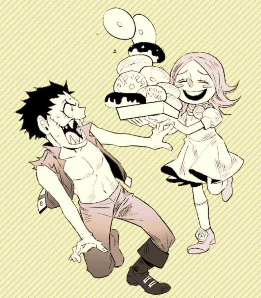 1boy 1girl artist_request brother_and_sister charlotte_brulee charlotte_katakuri child donut food highres one_piece sharp_teeth siblings teeth aged_down