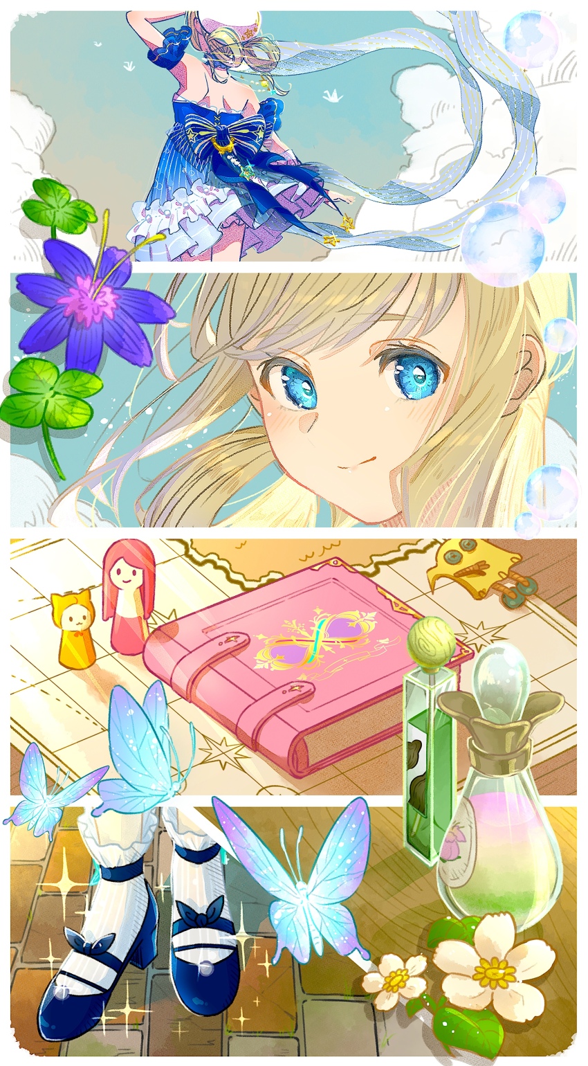 1girl absurdres back_bow bare_shoulders beads beret blonde_hair blue_bow blue_butterfly blue_choker blue_eyes blue_shoes blue_sky blue_sleeves book bow brick_road bright_pupils bubble bubbly_voyage_(infinity_nikki) bug butterfly choker closed_mouth cloud clover commentary_request detached_sleeves dress eyelashes floating_clothes floating_hair flower footwear_bow four-leaf_clover frilled_choker frilled_dress frilled_sleeves frills from_behind gradient_sky hair_rings hand_on_own_head happy hat henyahonya high_heels highres infinity_nikki insect large_bow light_particles light_rays lily_(flower) looking_at_viewer map momo_(nikki) multiple_views nikki_(nikki) nikki_(series) orange_sky origami paper_crane piecey potion pumps purple_flower shoes short_hair short_sleeves shoulder_blades sky smile socks solo sparkle strapless strapless_dress striped_bow striped_clothes striped_dress sunrise tareme vertical-striped_clothes vertical-striped_dress white_flower white_hat white_pupils white_socks wind