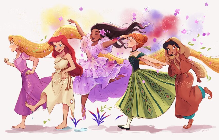 5girls aladdin_(movie) anna_(frozen) ariel_(disney) barefoot black_hair black_shirt blonde_hair blue_eyes closed_eyes commentary_request company_connection crossover disney dress encanto flower frozen_(disney) green_skirt hair_flower hair_ornament isabela_madrigal jasmine_(disney) long_hair melchencanto multiple_girls open_mouth orange_dress orange_hair pink_dress pink_flower rapunzel_(disney) red_hair shirt skirt sleeveless sleeveless_shirt tangled the_little_mermaid_(disney) updo very_long_hair