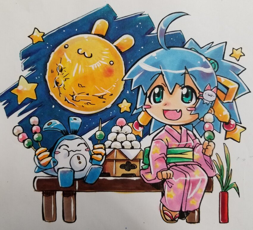 1girl :3 ahoge bi-showjo_figure_convention blue_hair chibi chibi_only closed_eyes closed_mouth commentary_request dango eating fang floating food green_eyes green_sash hair_ribbon highres holding holding_food japanese_clothes kimono kokomahi looking_up mascot medium_hair moon non-humanoid_robot obi official_art on_bench pink_kimono plant ponytail potted_plant print_kimono ribbon robot sanbou sandals sanshoku_dango sash sitting sky smile star_(sky) star_(symbol) star_print starry_sky traditional_media tsukimi tsukimi_dango wagashi yellow_ribbon yukata zouri