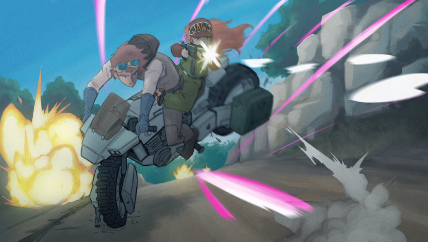 1boy 1girl battle biker bush child explosion firing gloves goggles gun hat jaws kikou_souseiki_mospeada leg_lock long_hair machine_gun mecha mint_labule mospeada mospeada_(mecha) motion_blur motor_vehicle motorcycle multiple_riders on_motorcycle ray_(mospeada) red_hair road robot science_fiction tree vehicle weapon will-ruzicka william_ruzicka
