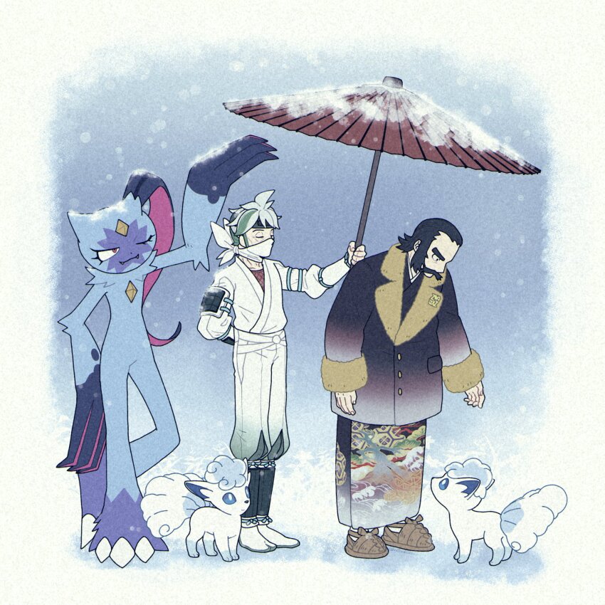 2boys alolan_form alolan_vulpix batabiru beni_(pokemon) black_eyes black_hair black_jacket brown_footwear buttons closed_eyes commentary_request facial_hair fur-trimmed_jacket fur_trim gen_7_pokemon green_headband headband highres holding holding_umbrella jacket japanese_clothes kamado_(pokemon) kimono logo long_sleeves looking_down male_focus multiple_boys mustache nintendo outdoors pokemon pokemon_(creature) pokemon_legends:_arceus shoes short_hair sneasler snowing standing umbrella white_hair