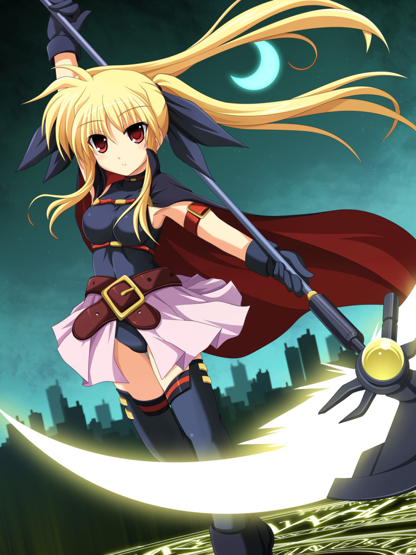 00s 1girl bardiche_(nanoha) bardiche_(scythe_form)_(nanoha) blonde_hair cross_(crossryou) energy_blade fate_testarossa fate_testarossa_(movie_1st_form) female_focus highres lyrical_nanoha magic_circle mahou_shoujo_lyrical_nanoha moon red_eyes scythe solo thighhighs twintails
