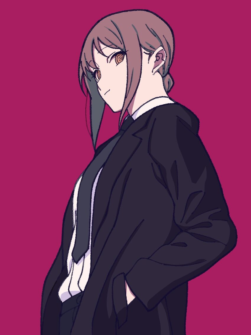 1girl black_coat black_necktie black_pants chainsaw_man closed_mouth coat hand_in_pocket highres kashiwa_(iersansi) long_sleeves looking_at_viewer makima_(chainsaw_man) necktie open_clothes open_coat orange_eyes pants red_background red_hair ringed_eyes shirt sidelocks simple_background solo white_shirt
