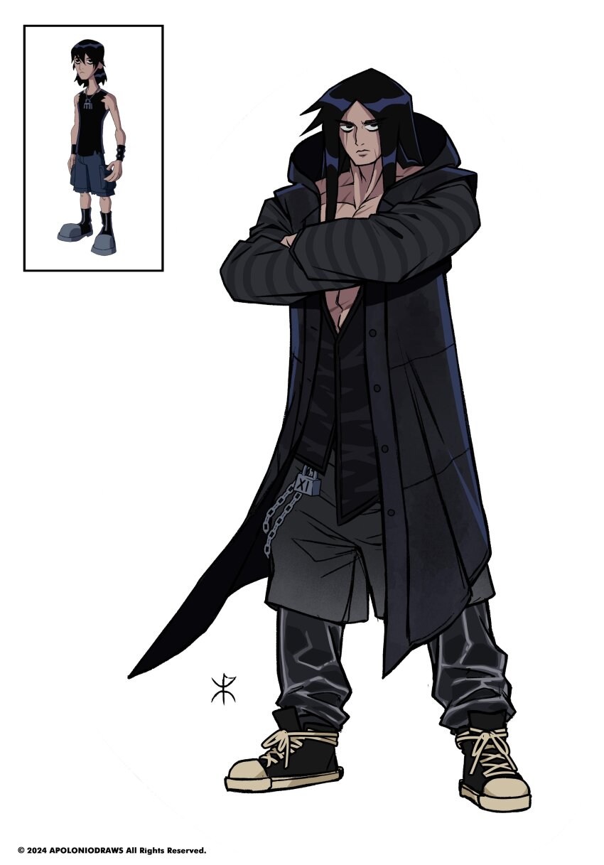 1boy absurdres apoloniodraws ben_10 black_eyes black_hair chain coat crossed_arms grey_shorts highres kevin_levin long_hair looking_at_viewer multiple_scars scar scar_on_face shoes shorts sneakers trench_coat