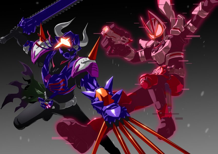 2boys armor battle black_bodysuit bodysuit buffalo chainsaw clash claw_(weapon) compound_eyes desire_driver rider_belt fingernails foreshortening fox from_side glowing glowing_eye glowing_eyes gun highres holding holding_gun holding_weapon horns id_core kamen_rider kamen_rider_buffa kamen_rider_geats kamen_rider_geats_(series) long_fingernails magnum_boost magnum_shooter_40x male_focus multiple_boys otokamu purple_armor raise_buckle rider_belt rivalry rivalry scarf shoulder_spikes spikes tokusatsu very_long_fingernails weapon white_armor white_scarf zombie zombie_breaker zombie_buckle