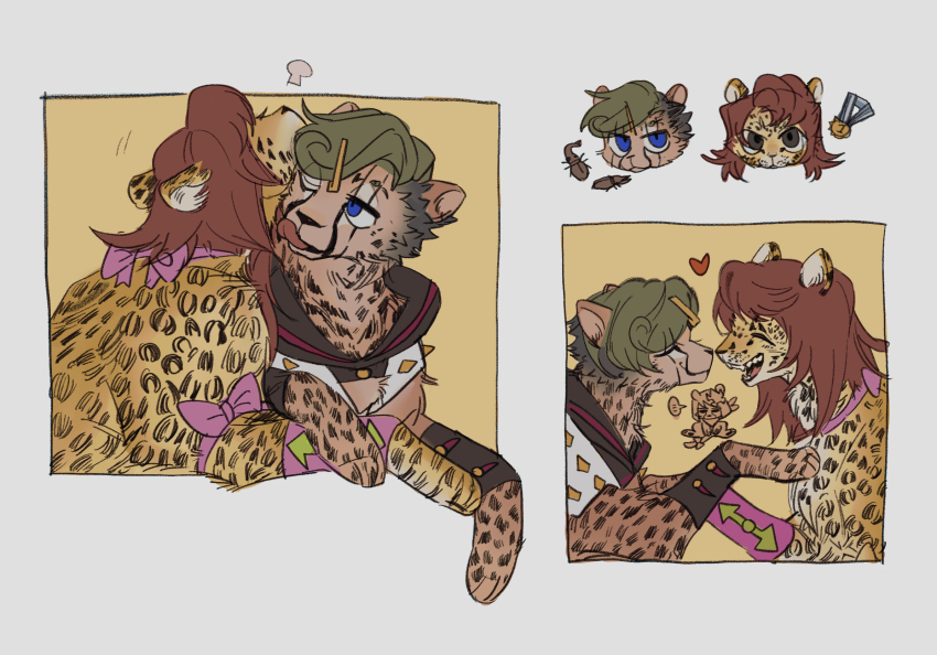 1girl 2boys animal_focus animalization beetle blue_eyes brown_hair bug cheetah couple green_hair heart higashikata_jobin higashikata_mitsuba higashikata_tsurugi highres hood hoodie husband_and_wife insect jojo_no_kimyou_na_bouken jojolion leaning_on_person medal multiple_boys no_humans open_mouth swampland tongue wrist_cuffs