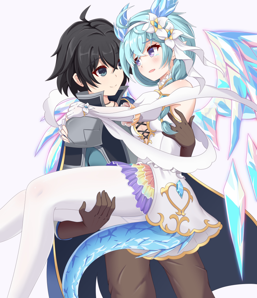 1boy 1girl absurdres armor bare_shoulders black_hair blue_eyes blue_gemstone blue_hair blue_horns braid breasts brown_pants cape carrying cross-laced_clothes cross-laced_dress crystal crystal_horns crystal_tail crystal_wings dragon_wings dress elbow_gloves fingerless_gloves flower gem gloves hair_flower hair_ornament hair_over_shoulder hairband high_collar highres horns light_blue_hair looking_at_another medium_breasts medium_hair pants pantyhose pointy_ears princess_carry princess_connect! purple_eyes rainbow_skirt sheffy_(princess)_(princess_connect!) sheffy_(princess_connect!) shirt shoulder_armor simple_background white_background white_dress white_gloves white_hairband white_pantyhose wings winterline yuuki_(princess_connect!)