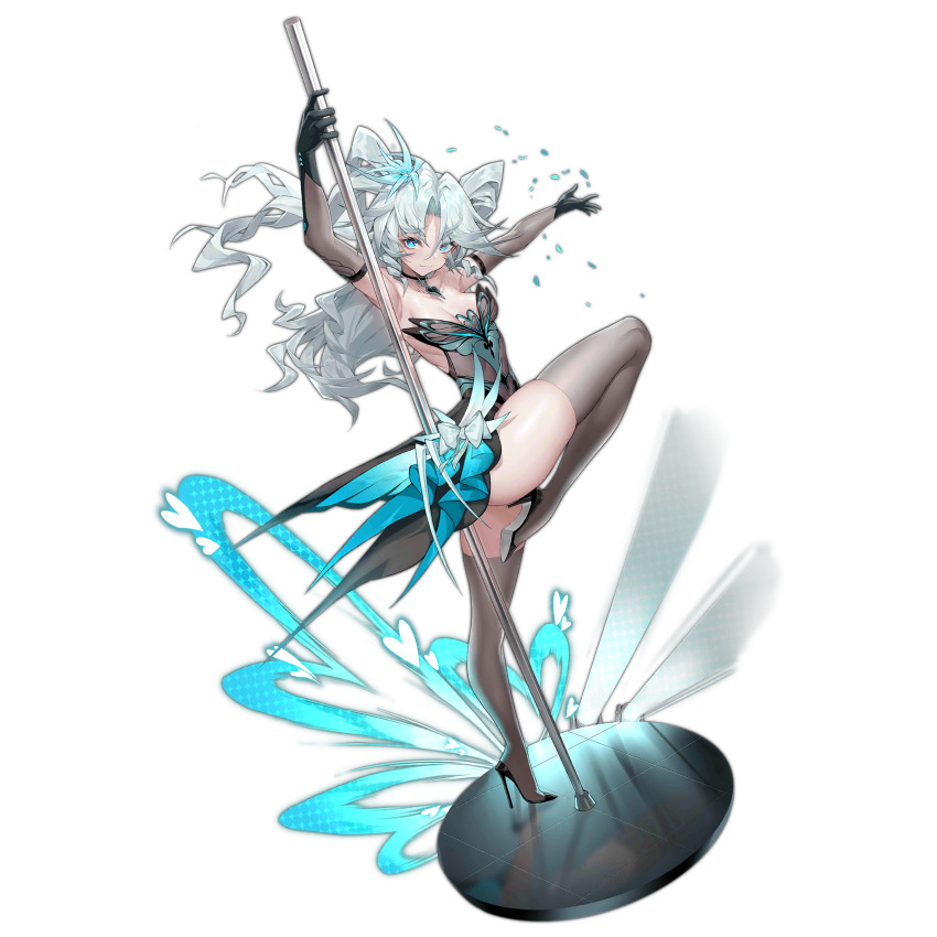 1girl :3 arm_up armpits bare_shoulders black_gloves black_shoes blue_eyes breasts closed_mouth dress elbow_gloves flexible full_body girls&#039;_frontline gloves grey_hair hair_between_eyes hair_ornament heart heart-shaped_pupils high_heels highres leg_up long_hair looking_at_viewer medium_breasts official_alternate_costume official_art pa-15_(girls&#039;_frontline) pa-15_(light-treading_night)_(girls&#039;_frontline) pole pole_dancing see-through_clothes see-through_dress see-through_gloves see-through_thighhighs shanyao_jiang_tororo shoes simple_background skindentation sleeveless smile solo stage_lights standing standing_on_one_leg symbol-shaped_pupils thighhighs third-party_source transparent_background