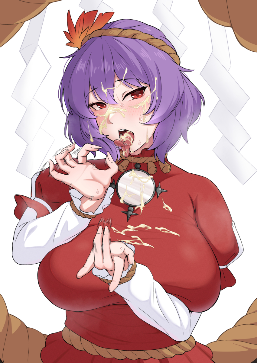 1girl afterimage blush breasts bunsuirei commentary cum cum_in_mouth cum_on_body cum_on_clothes cum_on_hair facial fellatio_gesture fingering_gesture fingernails hair_ornament highres large_breasts layered_sleeves leaf_hair_ornament long_fingernails long_sleeves long_tongue looking_at_viewer motion_lines open_mouth purple_hair red_eyes red_shirt rope shimenawa shirt short_hair short_over_long_sleeves short_sleeves solo sweat teeth tongue tongue_out touhou upper_body white_background white_sleeves yasaka_kanako