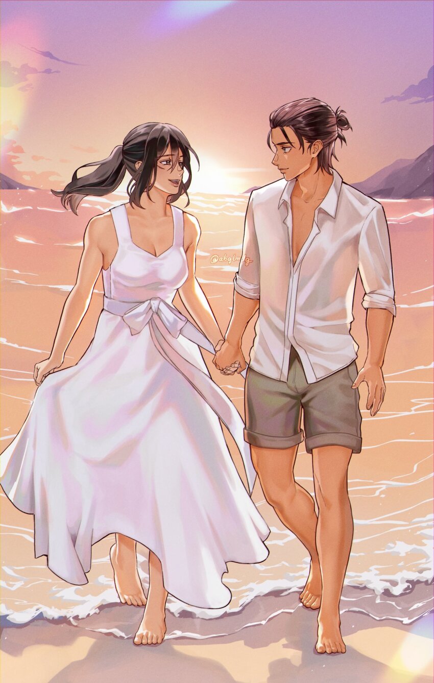 1boy 1girl abglmdg bare_arms bare_shoulders barefoot beach black_hair breasts brown_hair cleavage closed_mouth collared_shirt couple dress eren_yeager facial_scar full_body grey_shorts hair_between_eyes hair_bun hetero highres holding_hands long_hair looking_at_another medium_breasts medium_hair mikasa_ackerman open_mouth parted_bangs ponytail scar scar_on_cheek scar_on_face shingeki_no_kyojin shirt shorts sleeveless sleeveless_dress sleeves_rolled_up smile sunset white_dress white_shirt