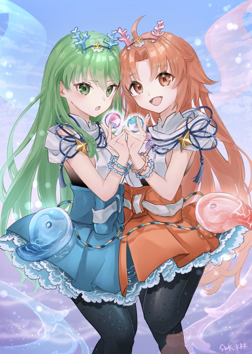 2girls ahoge artist_name black_pantyhose blue_skirt bracelet coral_hair_ornament fate/grand_order fate_(series) gem green_eyes green_hair hibino_hibiki highres jewelry katsuragi_chikagi long_hair magatama multiple_girls orange_eyes orange_hair orange_skirt pantyhose skirt suwa_(swk_kkk)