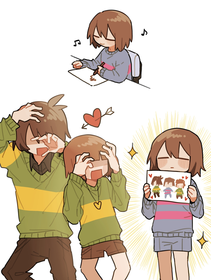 3others =_= absurdres androgynous arrow_through_heart blue_shorts blue_sweater blunt_bangs brown_hair brown_pants brown_shorts chara_(undertale) child child&#039;s_drawing closed_eyes covered_eyes crayon crayon_drawing deltarune drawing_(action) drawing_(object) facing_viewer feet_out_of_frame frisk_(undertale) green_sweater hands_on_own_face hands_up heart heart_pendant highres holding holding_crayon holding_drawing jewelry kris_(deltarune) long_sleeves multiple_others musical_note no_nose open_mouth other_focus pants pendant scared sequential shaded_face short_hair shorts simple_background smile sparkle standing sweater tadeno undertale white_background