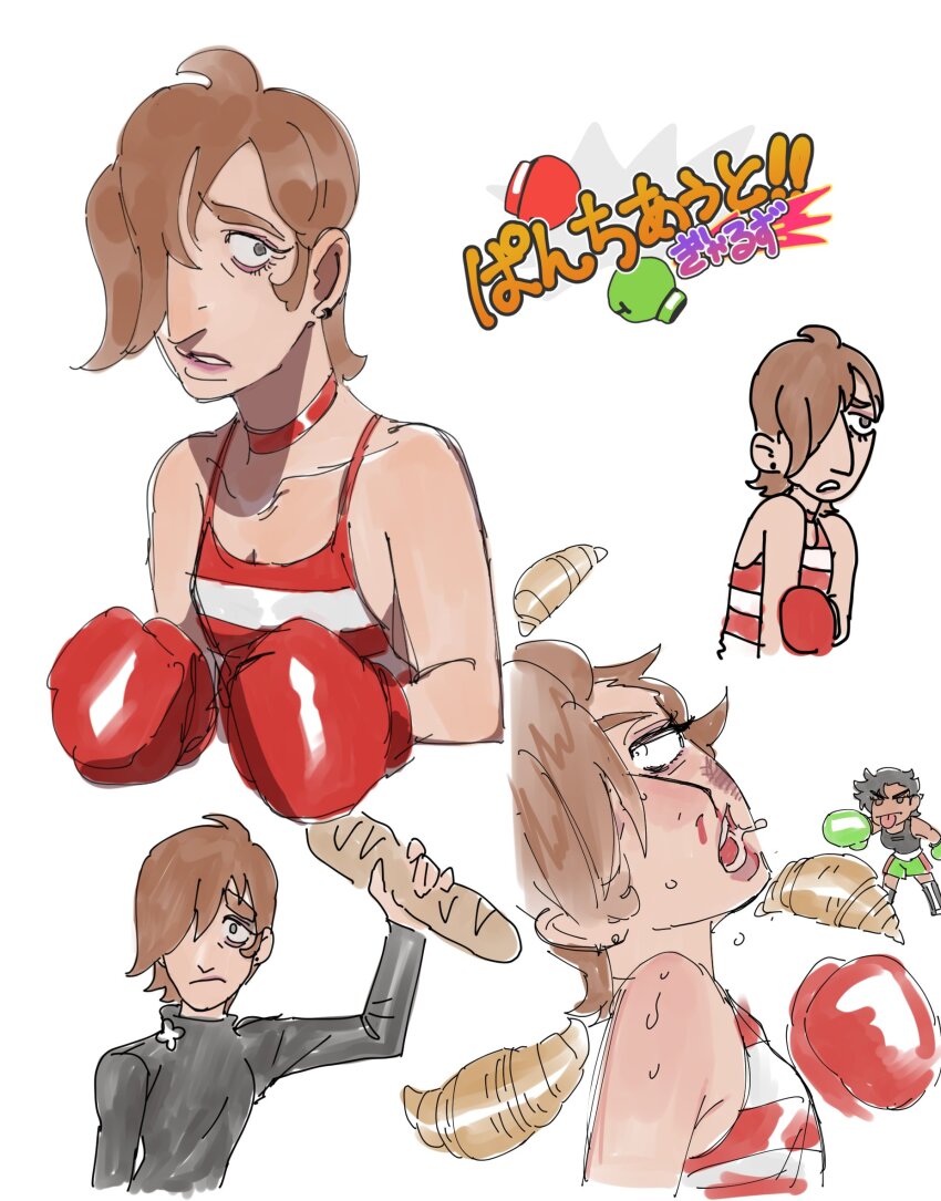 2girls blood boxing_gloves bread choker croissant dancho_no_mori earrings food frown genderswap genderswap_(mtf) glass_joe hair_over_one_eye japanese_text jewelry little_mac multiple_girls nintendo nosebleed open_mouth punch-out!! red_hair solo_focus sweat sweater tank_top tongue tongue_out turtleneck turtleneck_sweater upper_body