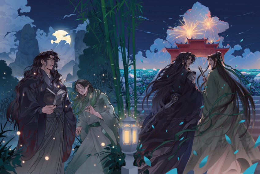 4boys armor bamboo black_hair black_hanfu book bush chinese_clothes cloud commentary cowboy djuney9 earrings english_commentary eye_contact fingernails fireflies fireworks folded_fan folding_fan foliage full_moon green_eyes green_hanfu green_ribbon green_scales hair_bun hand_fan hanfu highres holding holding_book holding_fan jewelry long_fingernails long_hair long_sleeves looking_at_another looking_at_viewer luo_binghe moon mountain multiple_boys night night_sky official_art outdoors paifang parted_lips patterned_clothing pointy_ears red_eyes renzha_fanpai_zijiu_xitong ribbon ribboned_xiao_guan sash scales shen_qingqiu shoulder_armor sky smile snake_hair stairs standing stone_lantern tianlang_jun western wide_sleeves xiao_guan_(headdress) zhuzhi_lang zuiyin