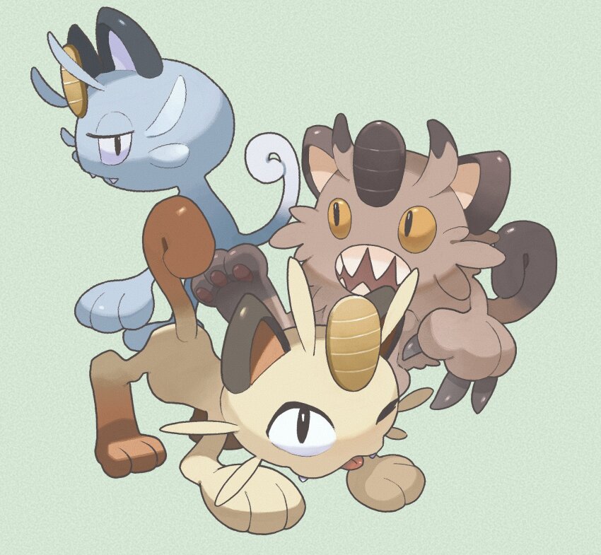 alolan_form alolan_meowth black_eyes claws commentary fangs fangs_out galarian_form galarian_meowth gen_1_pokemon gen_7_pokemon gen_8_pokemon gogot green_background highres meowth nintendo no_humans one_eye_closed open_mouth pokemon pokemon_(creature) sharp_teeth symbol-only_commentary teeth tongue tongue_out