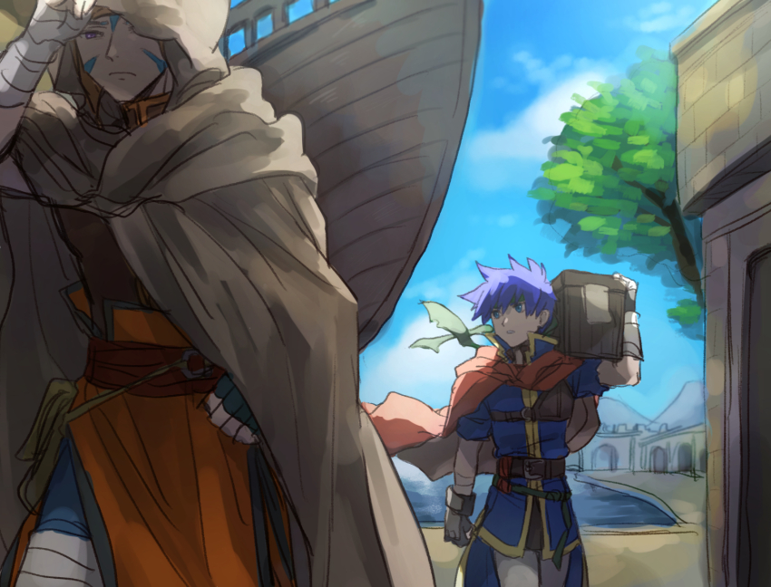 2boys blue_eyes blue_hair cape cloak commentary_request day fire_emblem fire_emblem:_path_of_radiance headband highres hood hooded_cloak ike_(fire_emblem) kometubu0712 male_focus multiple_boys nintendo outdoors purple_eyes ranulf_(fire_emblem) ship short_hair tree watercraft