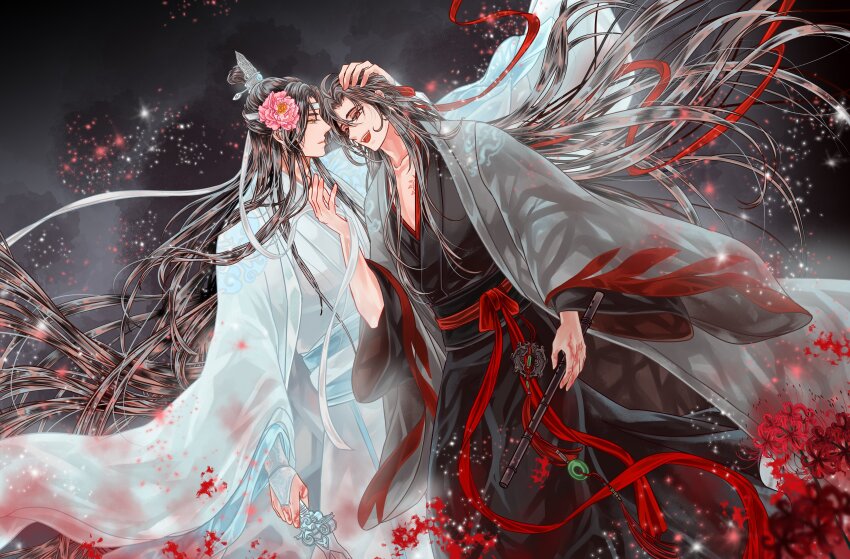 2boys absurdres bbbeyonce099 black_hair black_hanfu black_robe blood blood_on_clothes blood_on_hands chest_tattoo chinese_clothes coat eye_contact floating_clothes floating_hair flower flute grey_coat hair_down hair_flower hair_ornament hair_ribbon half_updo hand_on_another&#039;s_head hanfu headband highres holding holding_flute holding_instrument holding_ribbon holding_sword holding_weapon instrument jewelry lan_wangji light_particles long_hair long_sleeves looking_at_another male_focus modao_zushi multiple_boys night official_alternate_costume official_alternate_hairstyle open_mouth pectoral_cleavage pectorals pink_flower profile red_eyes red_flower red_ribbon red_sash ribbon robe sash sky smile sparkle spider_lily standing sword tassel tattoo topknot very_long_hair weapon wei_wuxian wei_wuxian_(yiling_laozu) white_hanfu white_headband white_ribbon white_robe wide_sleeves xiao_guan_(headdress) yaoi yaopei yellow_eyes