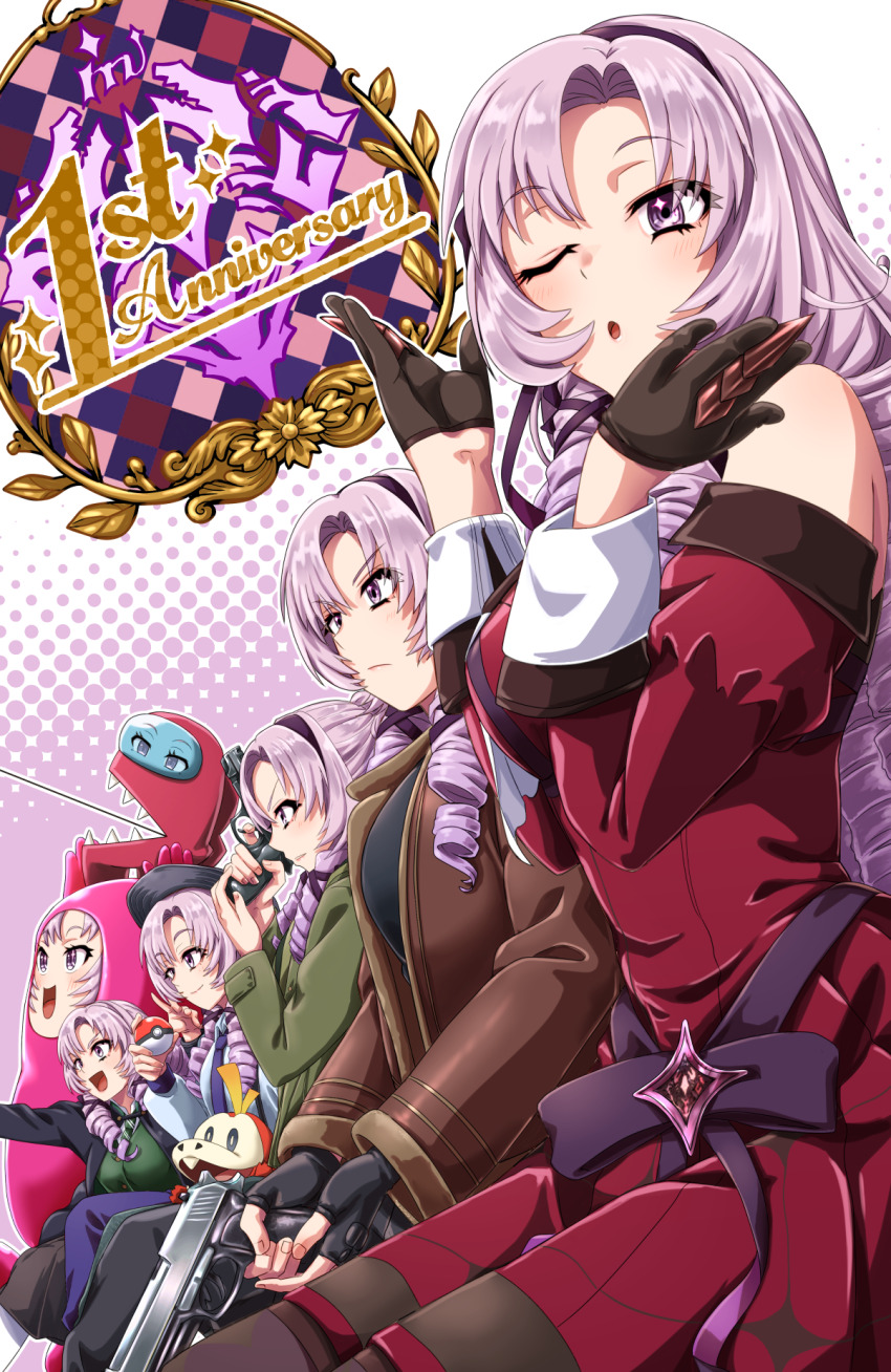 6+girls among_us anniversary bare_shoulders beret black_gloves black_headwear black_shirt breasts brown_jacket claw_ring cosplay dress drill_hair fall_guys fingerless_gloves gloves green_jacket gun hairband handgun hat highres holding holding_gun holding_poke_ball holding_weapon hyakumantenbara_salome hyakumantenbara_salome_(1st_costume) impostor_(among_us) impostor_(among_us)_(cosplay) jacket juliet_sleeves kobamiso_(kobalt) large_breasts leon_s._kennedy leon_s._kennedy_(cosplay) light_purple_hair long_hair long_sleeves looking_at_viewer multiple_girls multiple_persona nijisanji nintendo off-shoulder_dress off_shoulder one_eye_closed parted_bangs poke_ball poke_ball_(basic) pokemon pokemon_(creature) puffy_sleeves purple_eyes purple_hairband red_dress red_sleeves resident_evil resident_evil_4 resident_evil_4_(remake) sharp_teeth shirt teeth virtual_youtuber weapon
