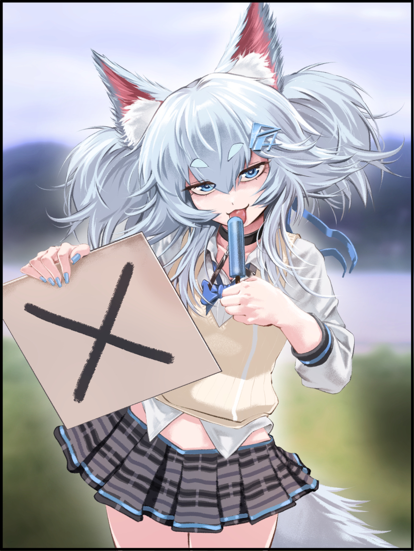 1girl animal_ear_fluff animal_ears black_choker blue_bow blue_bowtie blue_eyes blue_hair blue_nails blurry blurry_background bow bowtie choker chtv fluffy_hair food girls&#039;_frontline hair_ornament highres holding holding_food holding_popsicle loose_bowtie official_alternate_costume pa-15_(girls&#039;_frontline) pa-15_(high_school_thrills)_(girls&#039;_frontline) pleated_skirt popsicle shirt skirt solo sweater_vest tongue tongue_out vest white_shirt yellow_vest