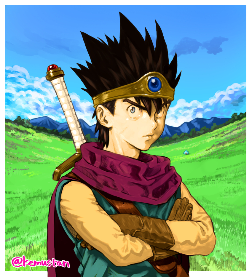 1boy black_hair blue_sky cape circlet crossed_arms dragon_quest dragon_quest_iii gloves grass grey_eyes hero_(dq3) highres looking_at_viewer male_focus mountainous_horizon outdoors sky solo sonomoto_shinzou_(natsume_kyouji) spiked_hair staring sword sword_on_back upper_body weapon weapon_on_back