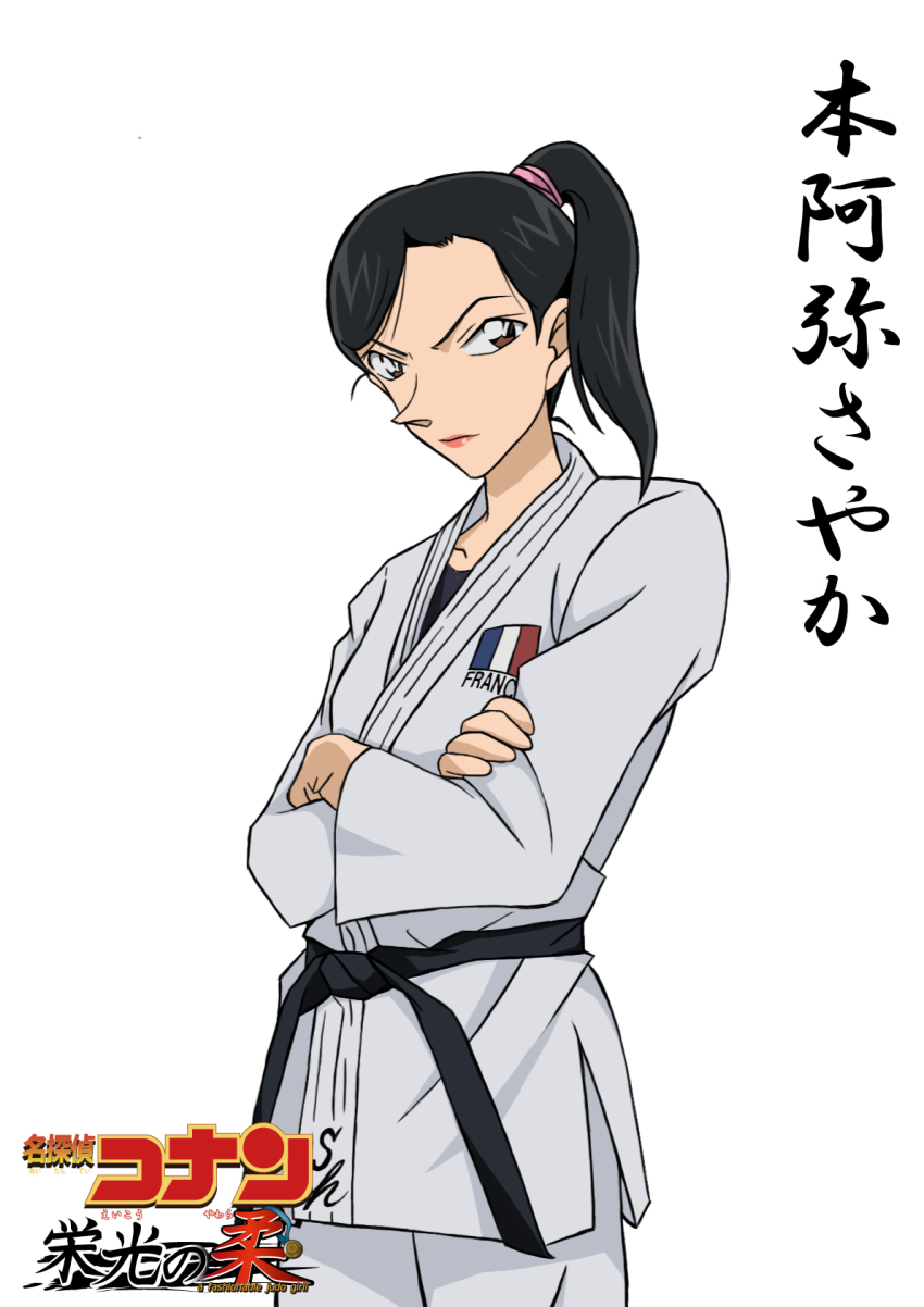 1girl black_hair black_sash black_shirt brown_eyes character_name closed_mouth copyright_logo copyright_name cowboy_shot crossed_arms dougi french_flag high_ponytail highres hiko_(jihen_m) honami_sayaka judo looking_to_the_side meitantei_conan obi parody ponytail sash shirt simple_background solo standing style_parody three_quarter_view white_background yawara_a_fashionable_judo_girl