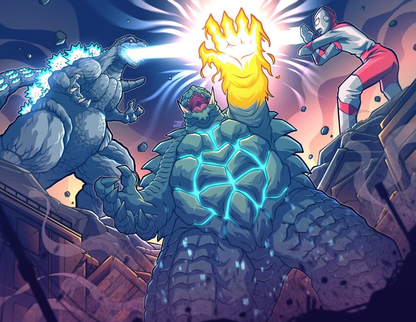 alien atomic_breath beam_clash body_markings breath_weapon building claws colored_sclera crossover debris destruction dinosaur energy energy_beam energy_clash energy_fist engi_(animation_studio) fire gamera gamera_(series) gamera_-rebirth- giant giant_monster gigabash glowing glowing_eyes glowing_hand glowing_markings glowing_spikes godzilla godzilla_(series) green_eyes highres kadokawa kaijin kaiju monster mouth_beam multiple_crossover no_humans open_mouth orange_eyes orange_sclera particle_beam passion_republic_games plasma plasma_beam projectile_clash roaring rubble seijin sharp_teeth smoke spacium_beam spikes superhero_costume tail teeth thomdotartz toho tongue tsuburaya_productions turtle tusks ultra_beam ultra_series ultraman ultraman_(1st_series) wrinkled_skin yellow_eyes