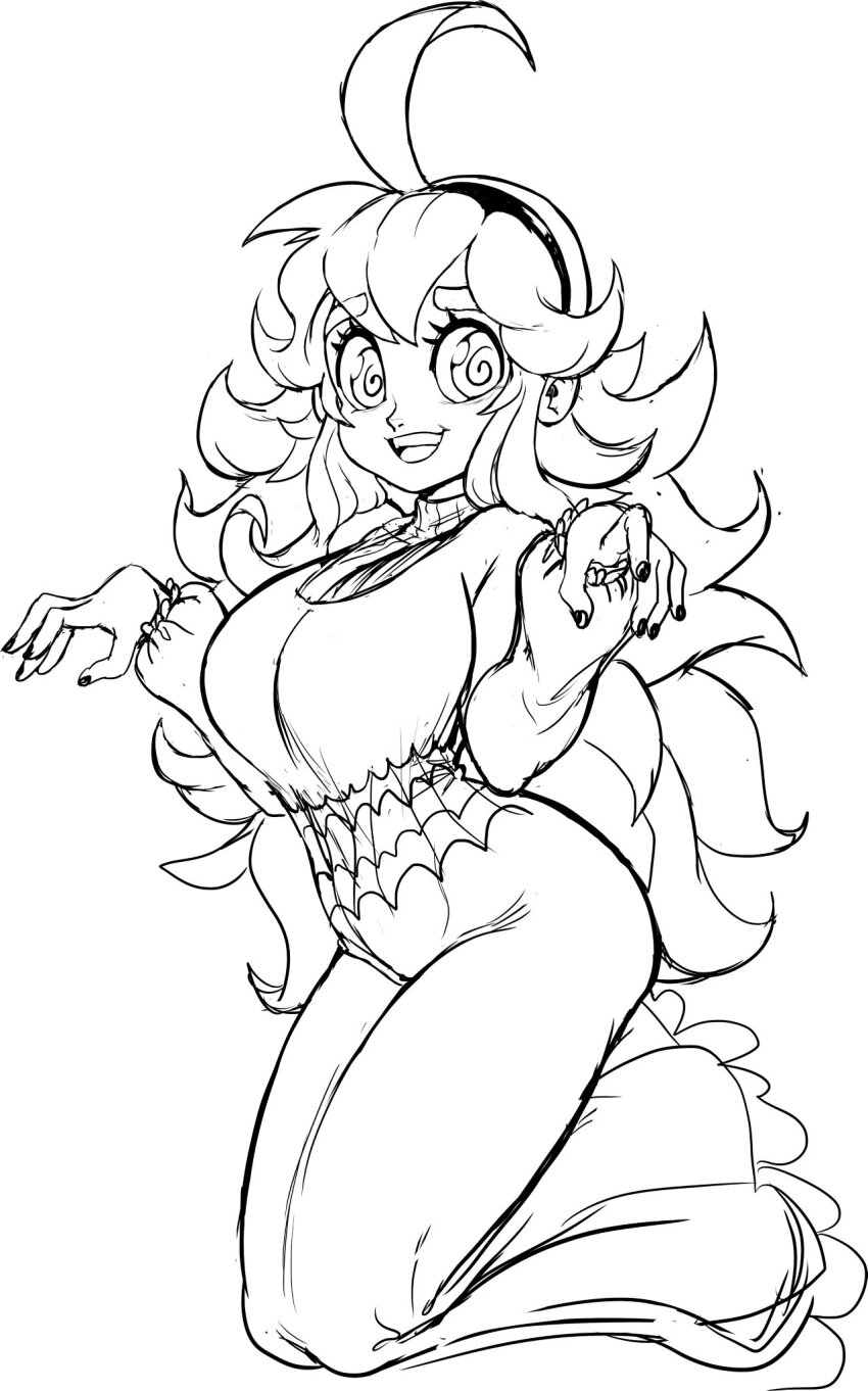 @_@ arms_up breasts dress hairband hex_maniac_(pokemon) highres large_breasts long_dress long_hair looking_at_viewer messy_hair nintendo pokemon sketch spider_web_pattern spider_web_print teevo turtleneck