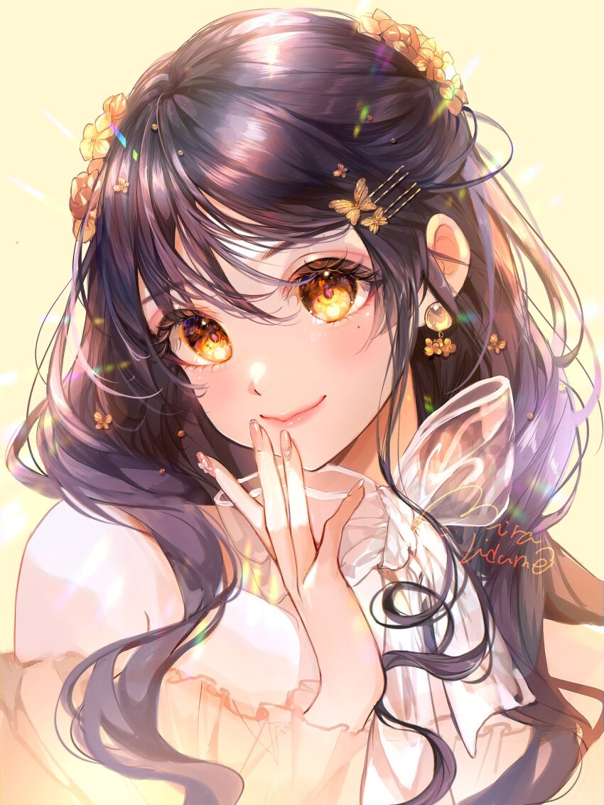 1girl bow bowtie curly_hair dress earrings fingers_to_mouth flower hair_flower hair_ornament hairclip highres jewelry long_hair mira_hidume off-shoulder_dress off_shoulder original pink_lips pink_nails portrait signature smile solo yellow_eyes