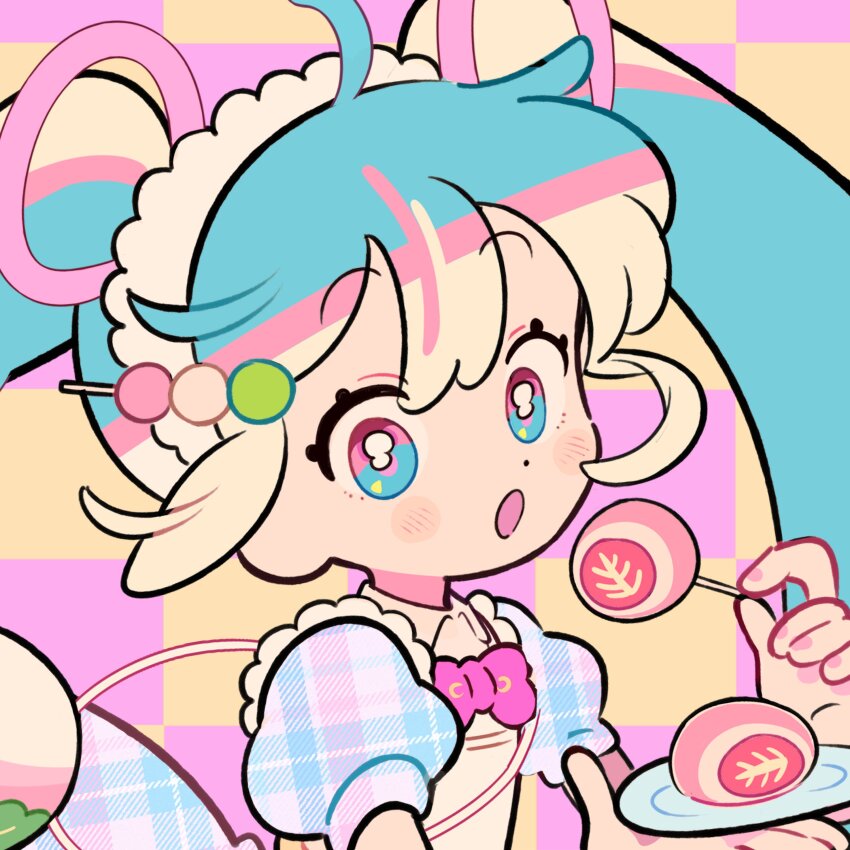 1girl absurdres ahoge blonde_hair blue_dress blue_eyes blue_hair daifuku dango dango_hair_ornament dolman_(dm) dress food food-themed_hair_ornament hair_ornament hatsune_miku highres ichigo_daifuku long_hair looking_at_viewer mochimochi_(vocaloid) open_mouth puffy_short_sleeves puffy_sleeves sanshoku_dango short_sleeves sidelocks solo toothpick twintails very_long_hair vocaloid wagashi