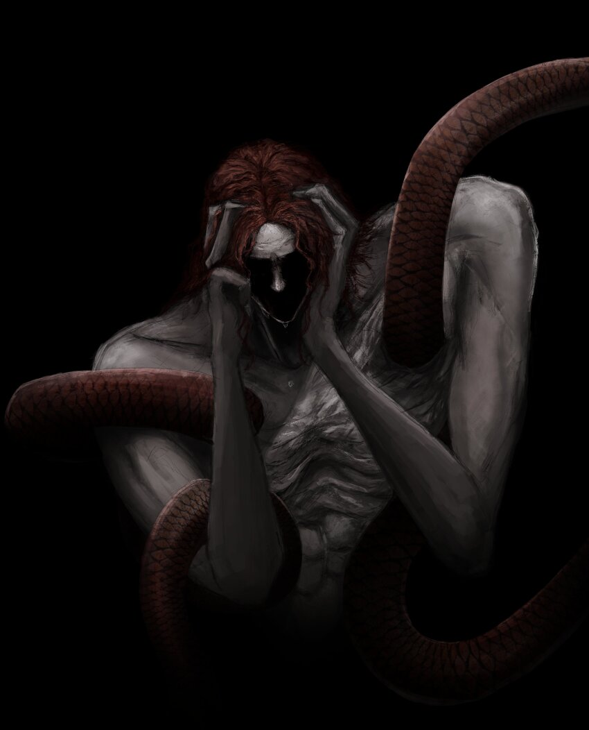 1boy absurdres black_theme crying elden_ring elden_ring:_shadow_of_the_erdtree facing_viewer highres holding_detached_head long_hair messmer_the_impaler nude red_hair red_snake satsu-strive scales shaded_face snake solo teardrop tears topless_male