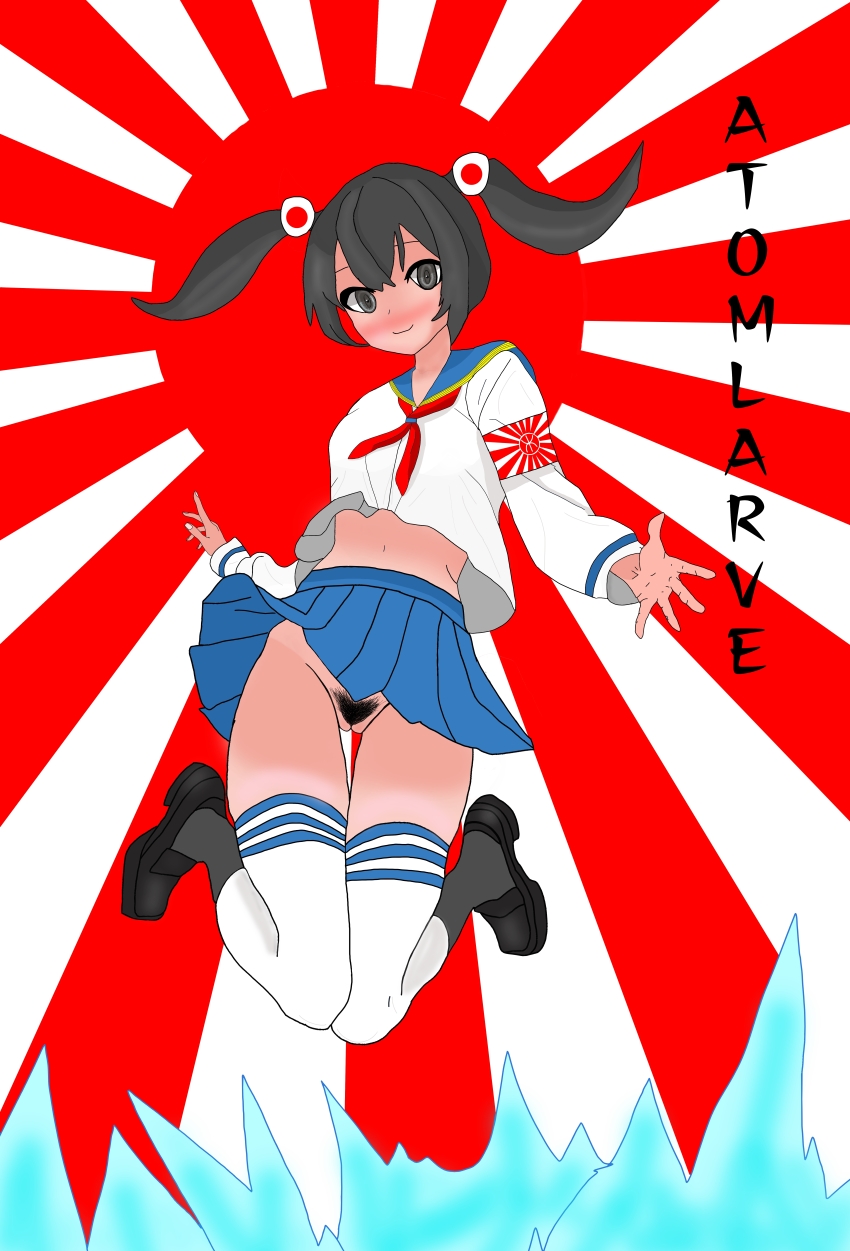 1girl absurdres atomlarve black_hair blue_skirt blush brown_eyes cleft_of_venus clothes_lift command_&amp;_conquer command_&amp;_conquer:_red_alert command_&amp;_conquer:_red_alert_3 highres imperial_japanese_army looking_at_viewer non-web_source pubic_hair pussy skirt skirt_lift smile solo thighhighs twintails white_thighhighs yuriko_omega