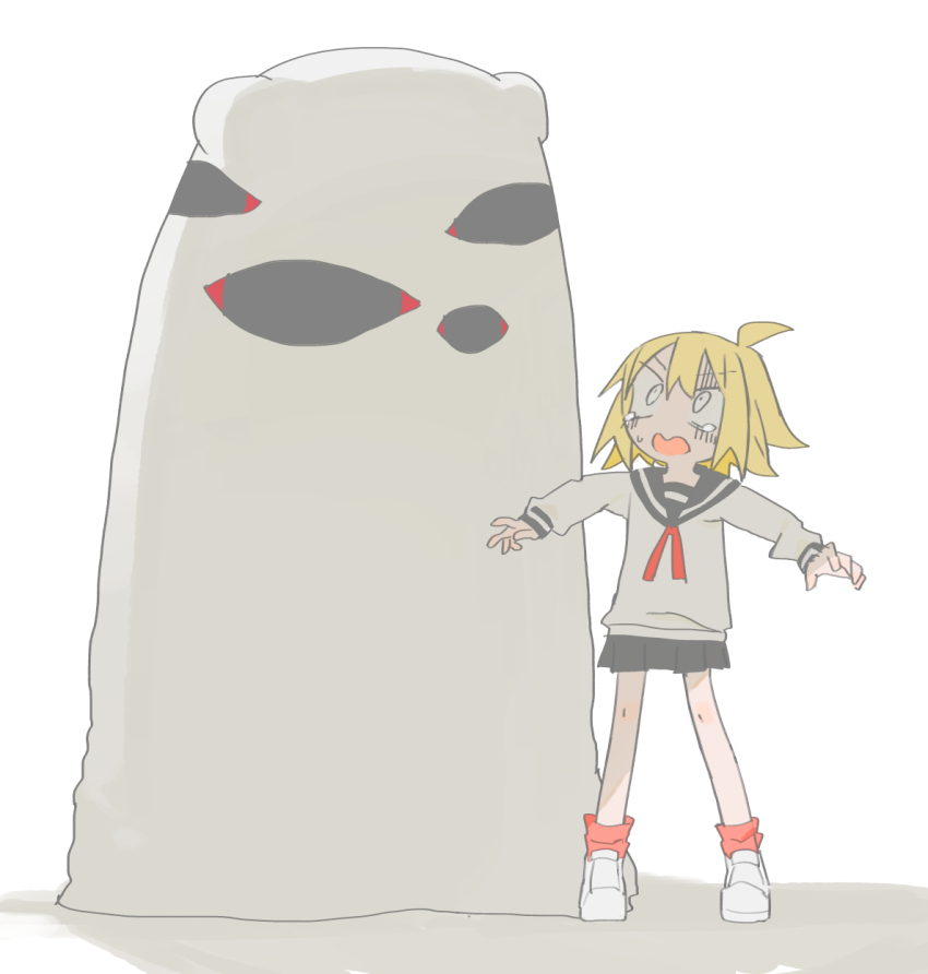 1girl ahoge black_sailor_collar black_skirt blonde_hair frown full_body highres kokaki_mumose long_sleeves looking_at_monster monster neckerchief null-meta open_mouth outstretched_arms pleated_skirt red_neckerchief red_socks sailor_collar scared school_uniform serafuku shadow shirt shoes short_hair simple_background skirt sneakers socks solo spread_arms standing tearing_up turn_pale uozumi_kurumi v-shaped_eyebrows white_background white_eyes white_shirt white_shoes wide-eyed