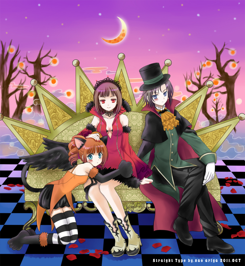3girls amami_haruka animal_hands ariga_nao bare_shoulders boots bra breasts cape cleavage costume crossed_legs dress electronic_cigarette facial_tattoo gloves halloween hand_on_head harustein hat idolmaster idolmaster_(classic) kikuchi_makoto kneeling lingerie md5_mismatch mujin_gattai_kisaragi multiple_girls pout sitting sky smile striped_clothes striped_legwear striped_thighhighs tail takatsuki_yayoi tattoo thighhighs tiara tree underwear wings