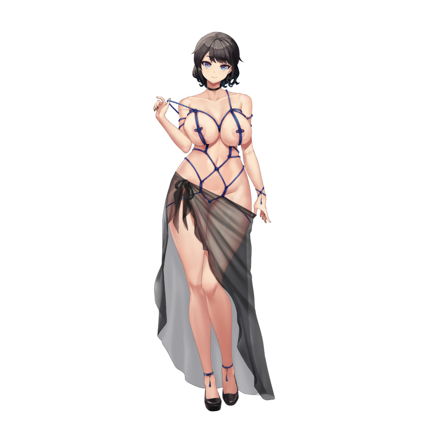 1girl anklet areola_slip between_breasts black_choker black_footwear black_hair black_nails black_sarong blue_anklet blue_eyes blue_rope bracelet breasts choker closed_mouth collarbone d-log earrings full_body highres holding holding_rope jewelry large_breasts last_origin linea_alba looking_at_viewer nail_polish navel official_alternate_costume official_art partially_visible_vulva rope sarong sarong_hold see-through_clothes see-through_sarong shibari short_hair simple_background single_earring smile solo standing tachi-e taylor_clothcut third-party_source transparent_background wedgie