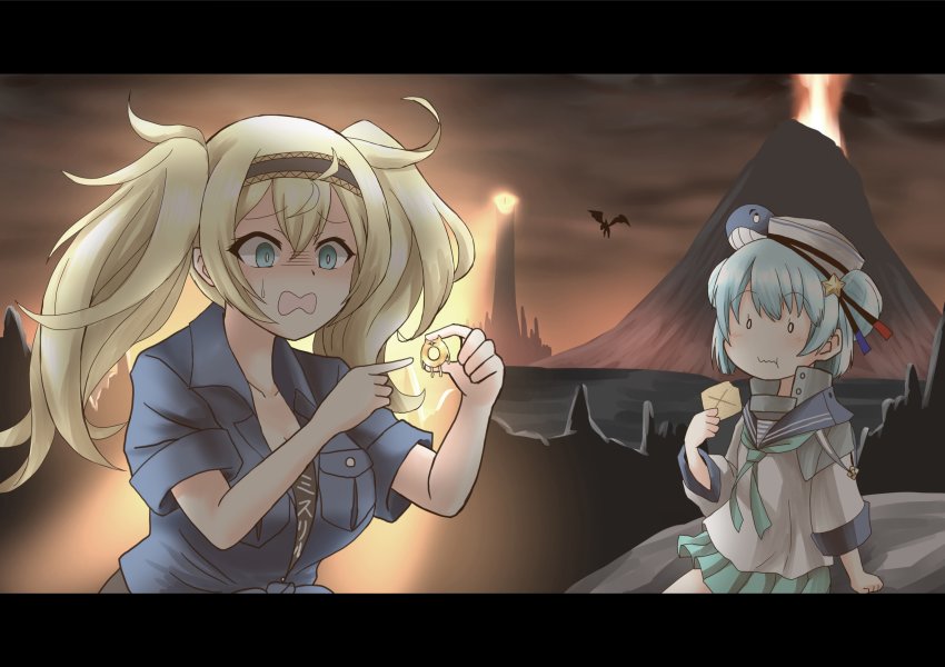 0_0 2girls absurdres alternate_universe backlighting blonde_hair blouse blue_hair blue_shirt commentary crossover dark_sky double_bun eating eye_of_sauron gambier_bay_(kancolle) gambier_bay_(summer)_(kancolle) hair_bun hair_ornament hat highres jewelry kantai_collection letterboxed miniskirt multiple_girls outdoors parody ring samuel_b._roberts_(kancolle) sauron shaded_face shirt skirt suke_(share_koube) the_lord_of_the_rings tolkien&#039;s_legendarium tower twintails volcano wavy_mouth